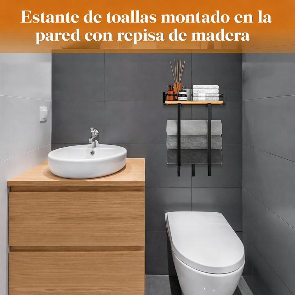 Toallero de Baño con Repisa de Madera y 3 Ganchos – Organizador de Pared para Toallas