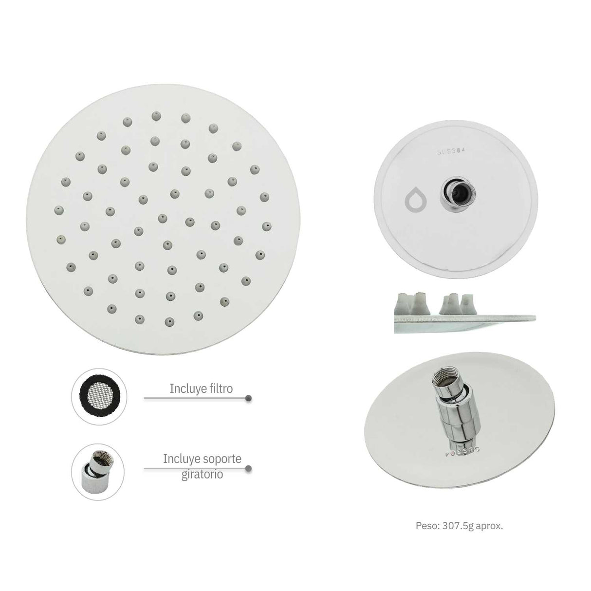 Regadera fija redonda cromada de 15 cm sin tubo, detalle del producto