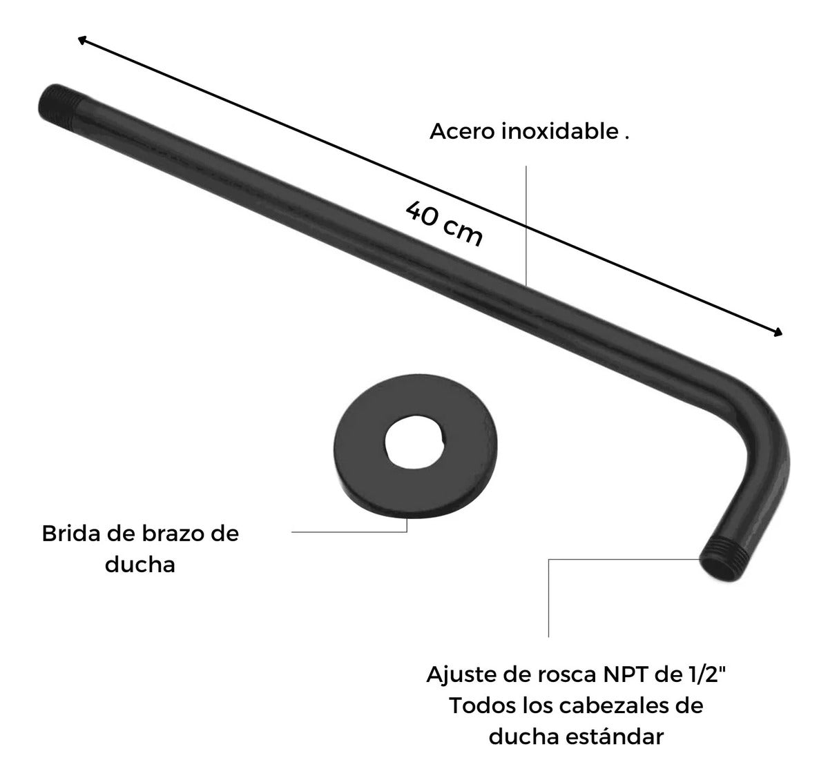 Ducha Regadera Cuadrada Color negro 20cm +Tubo