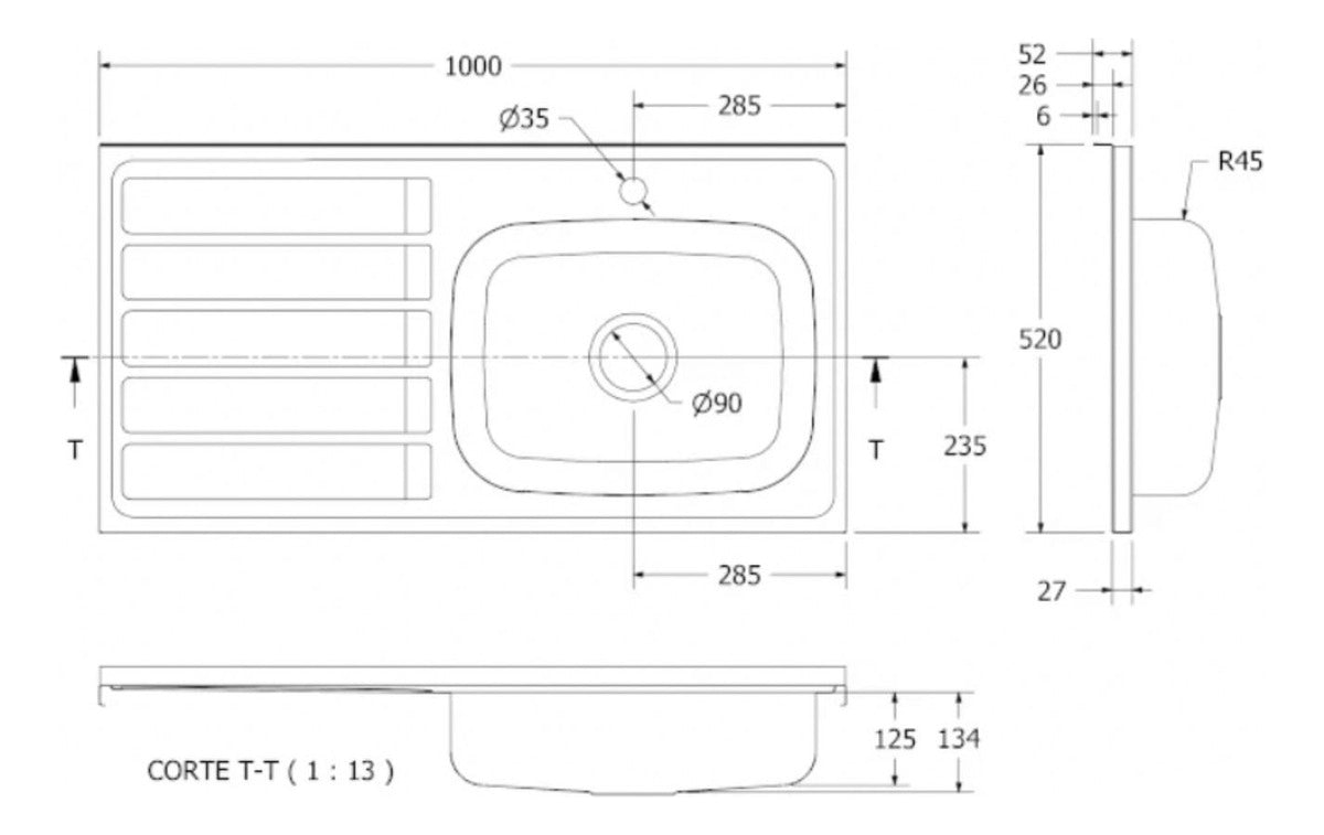 Lavaplatos Acero Inoxidable Poceta Derecha 1 * 0.52 Mts 1 hueco