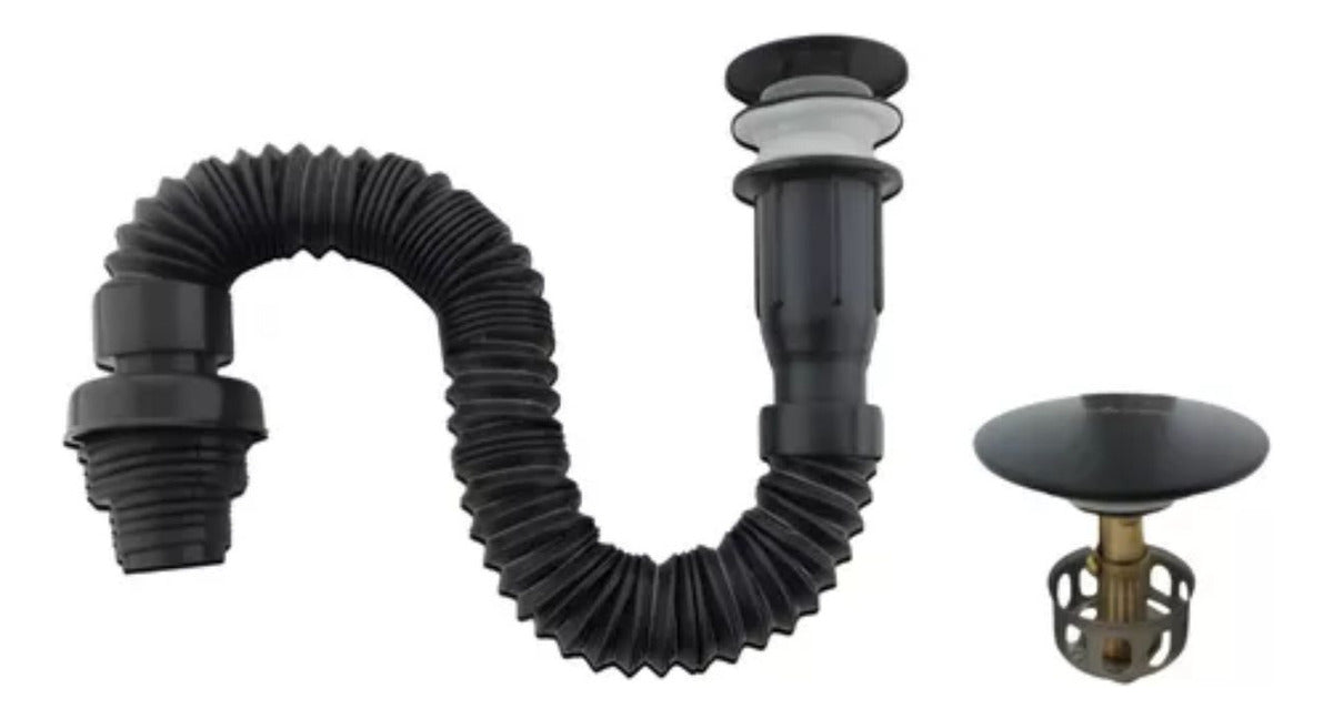 Set X 2 Desague Sifon Push Negro Corrugado Orientable