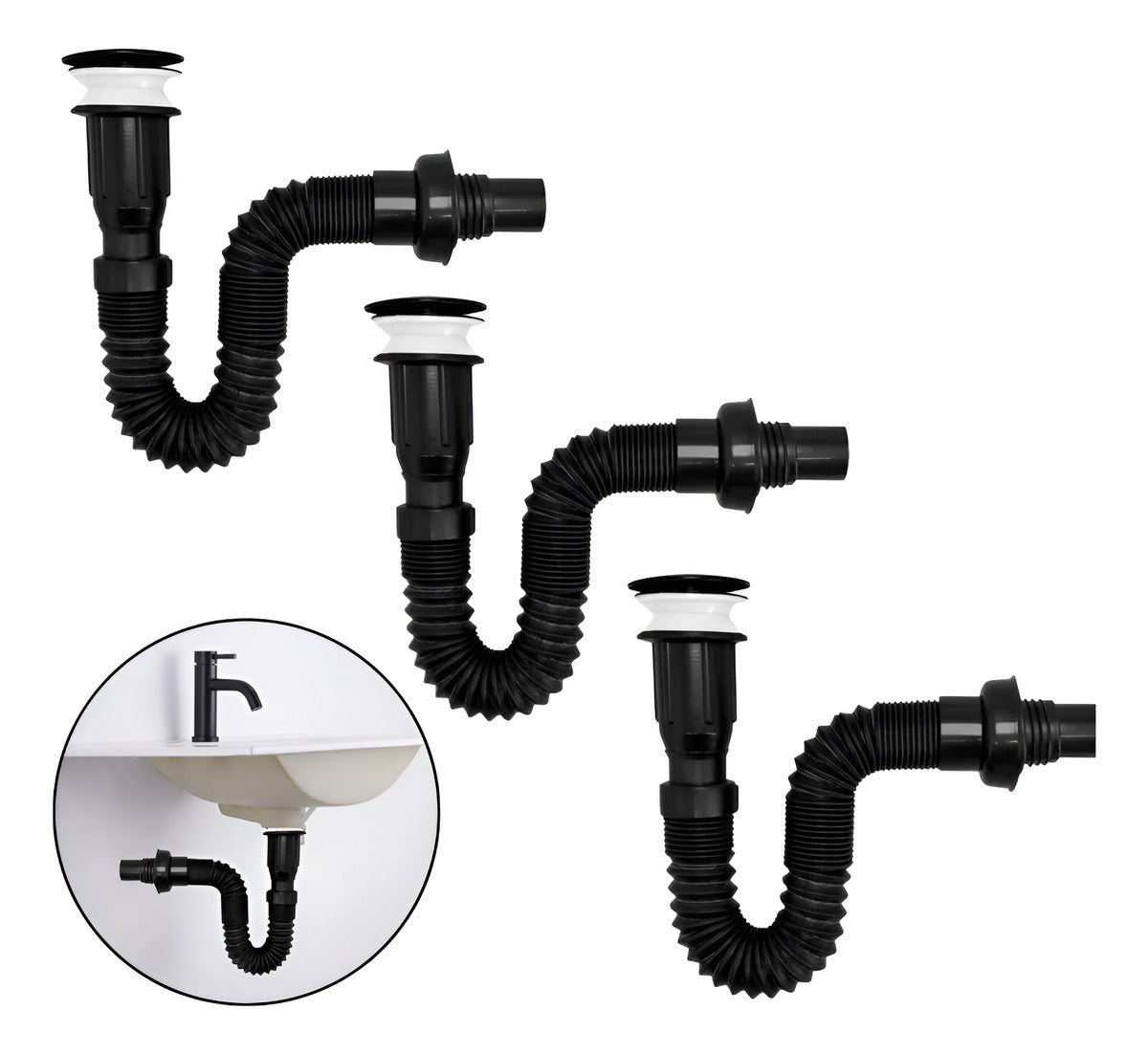 Set X 3 Desague Sifon Push Negro Corrugado Orientable