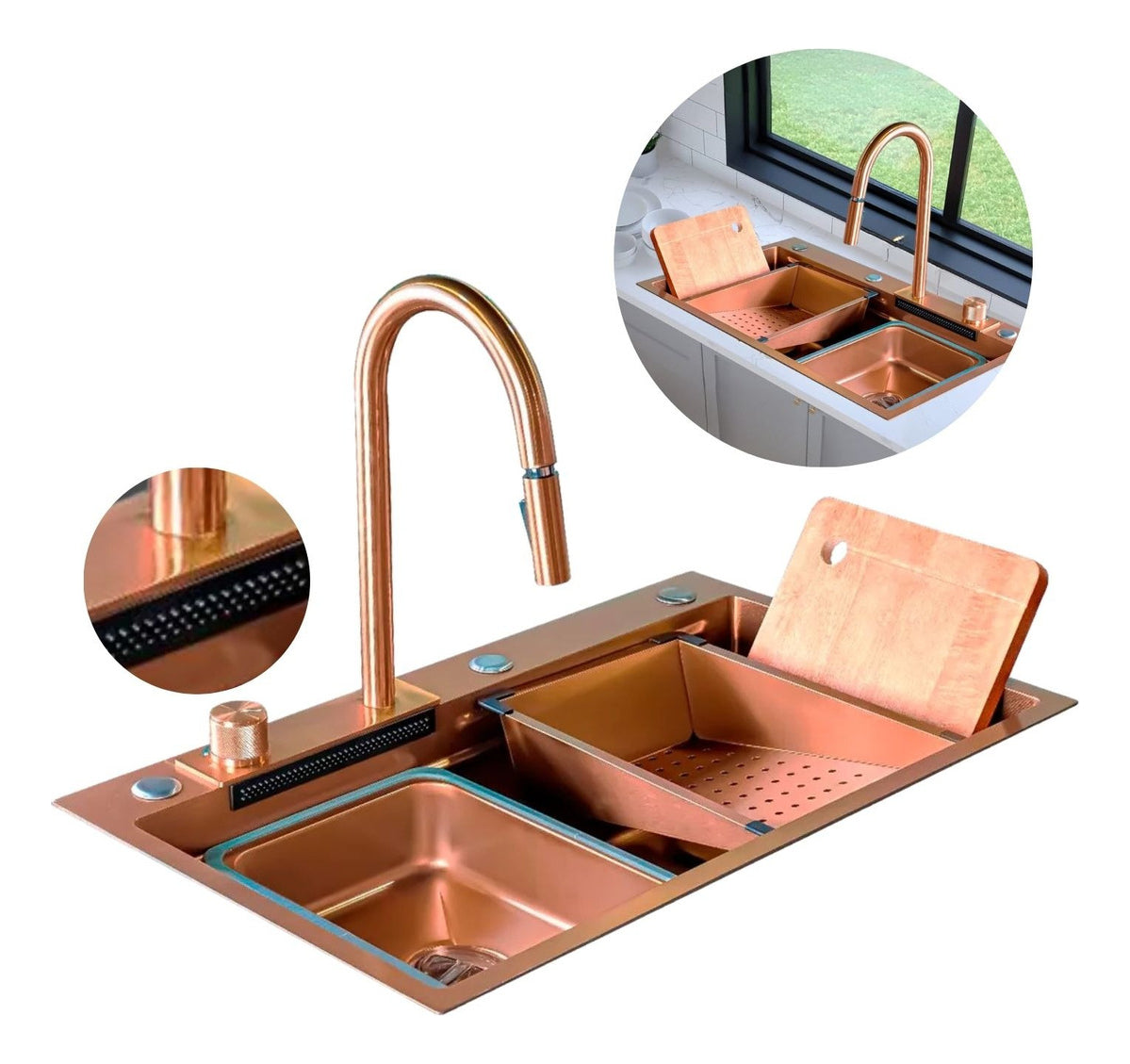 Lavaplatos Oro Rosa con Grifería y Accesorios - Acero SUS304 - 75x46 cm