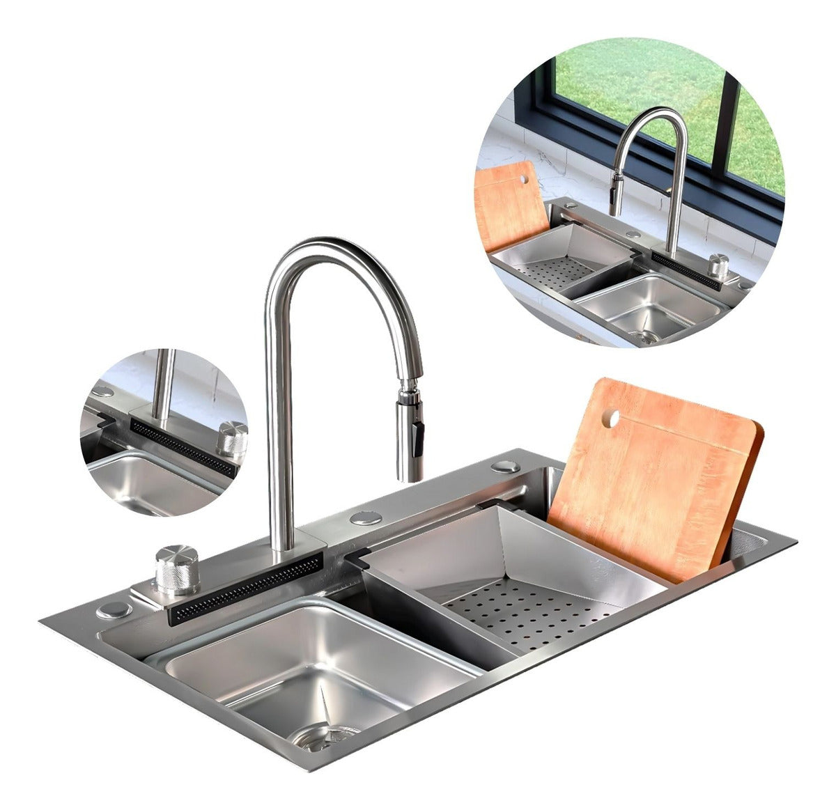 Lavaplatos Inteligente Acero Natural con Grifería y Accesorios - Acero SUS304 - 75x46 cm