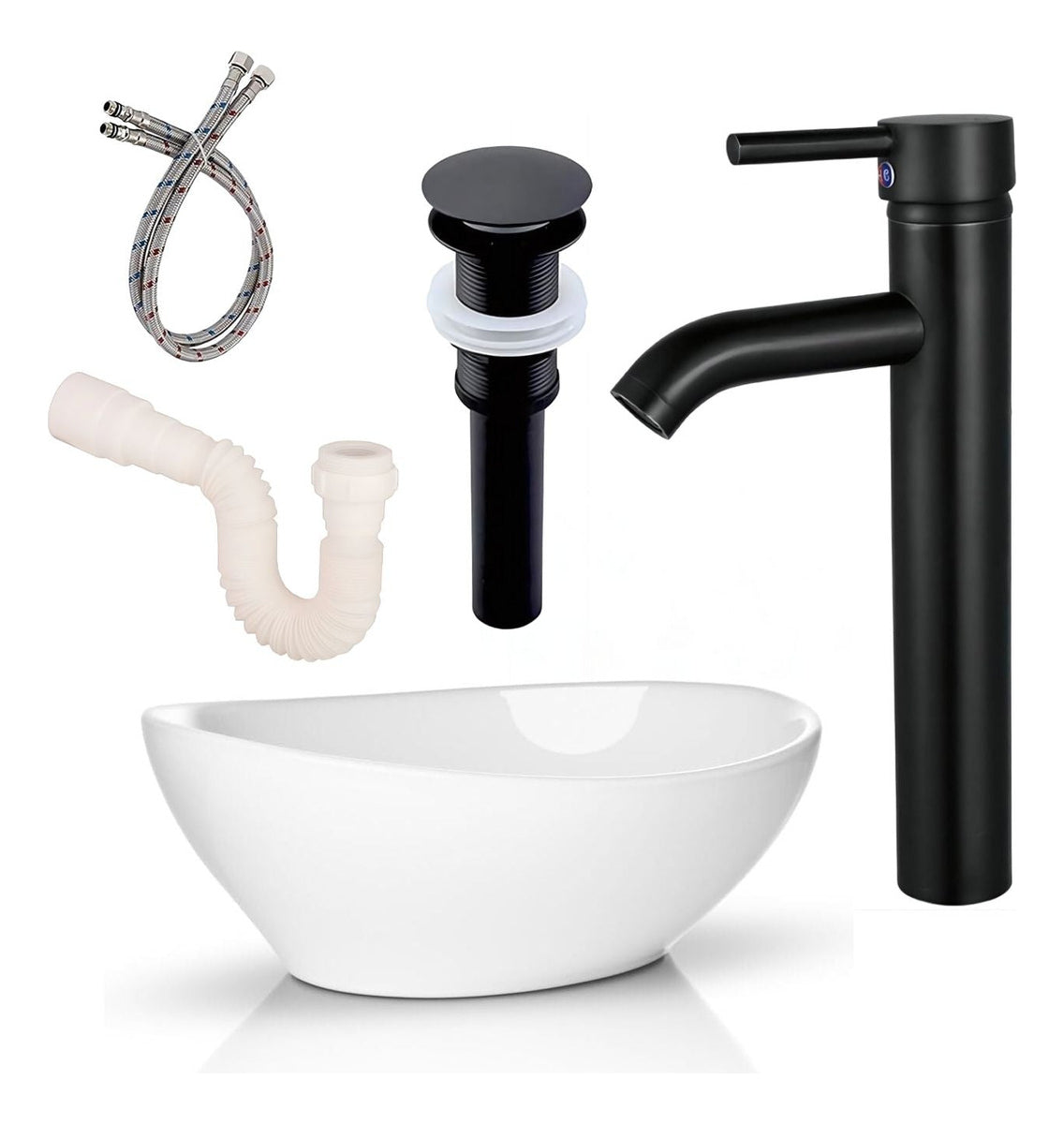 Kit Lavamanos Sobreponer Con Grifería Y Desagües Negros.