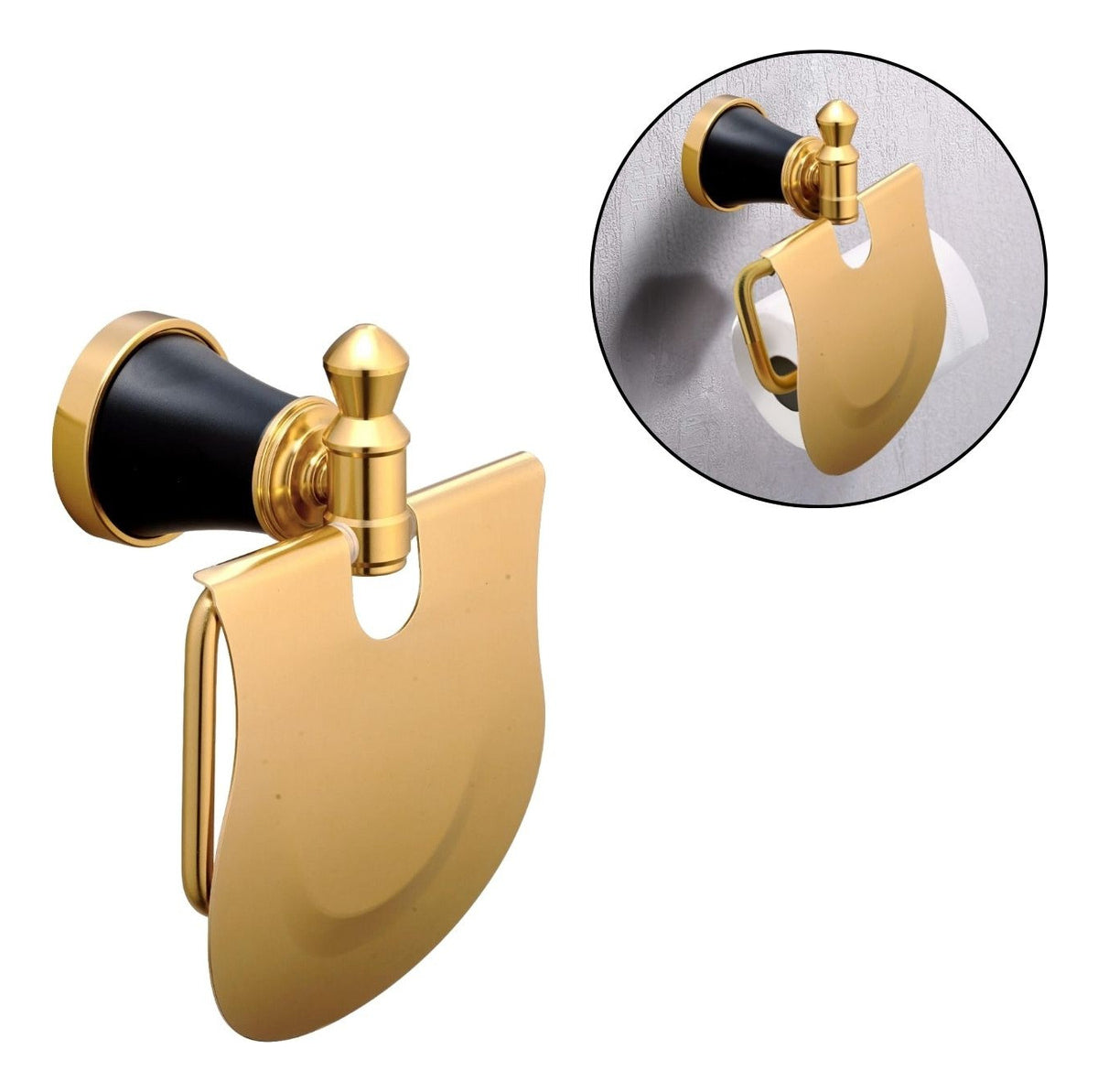 Portarrollos Línea Diamante Negro/Dorado Aluminio con Tapa Rollo - Alta Calidad