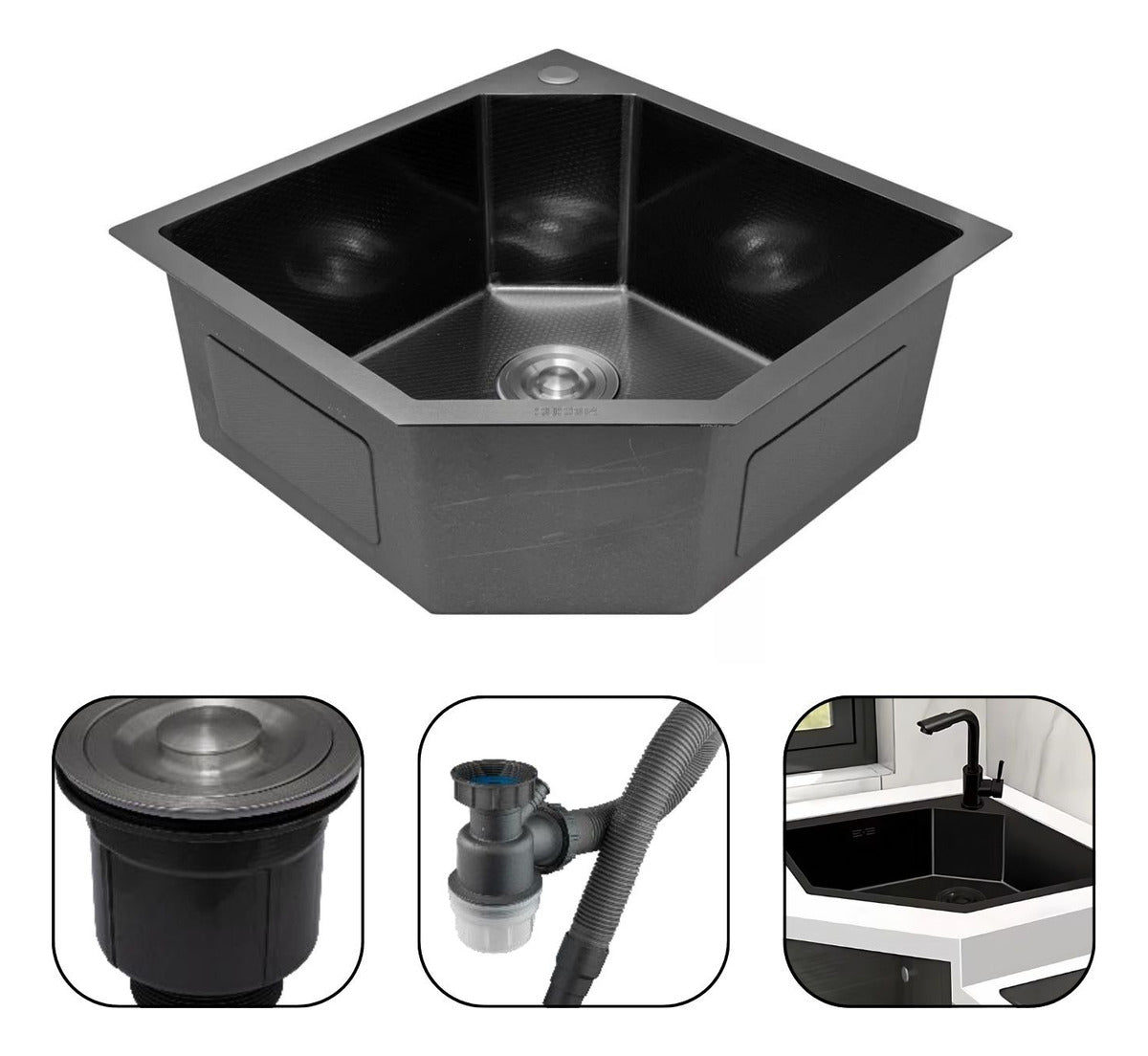 Lavaplatos de Lujo Esquinero Negro en Acero SUS304 - 50x50 cm