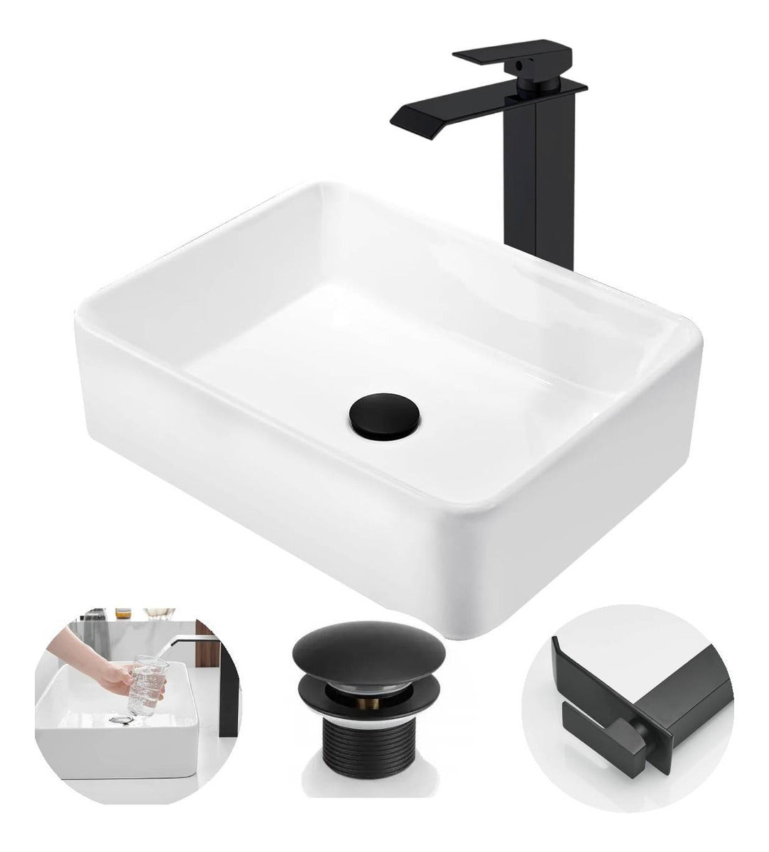 Kit Griferia Cascada Tugela Negra- Lavamanos Pool -desagüe