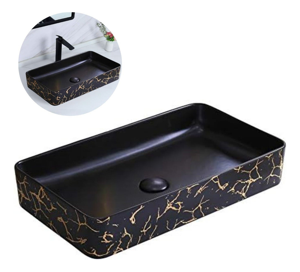 Lavamanos Sobreponer Thunder Negro Mate con Vetado Dorado - 41x31x12 cm - Diseño Rectangular Moderno