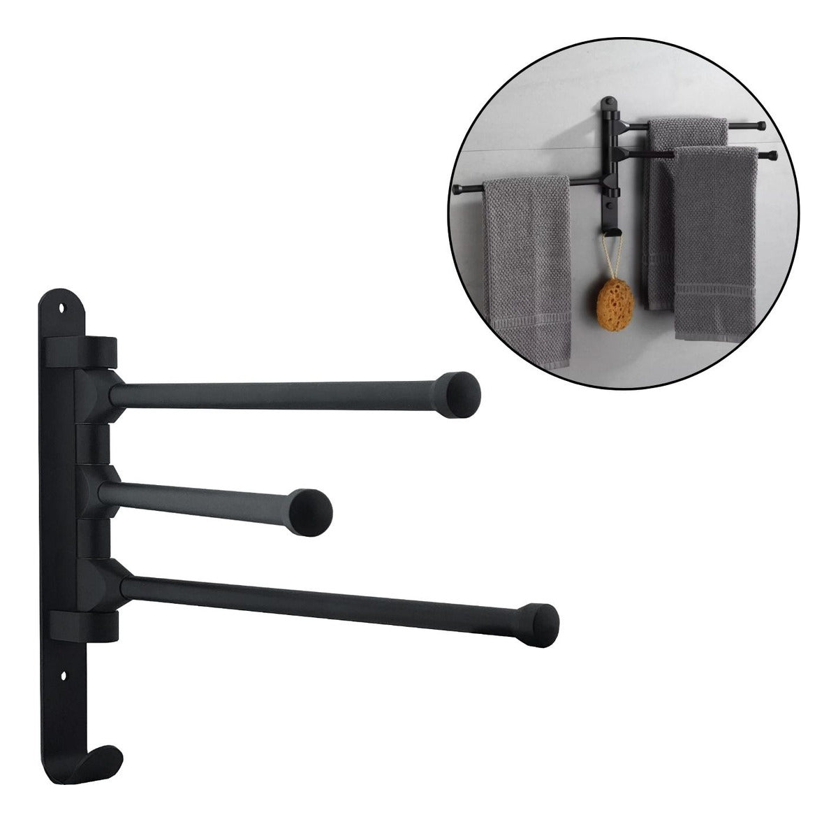 Toallero Giratorio 3 Barras Plegable 180° Negro, Aluminio Mate