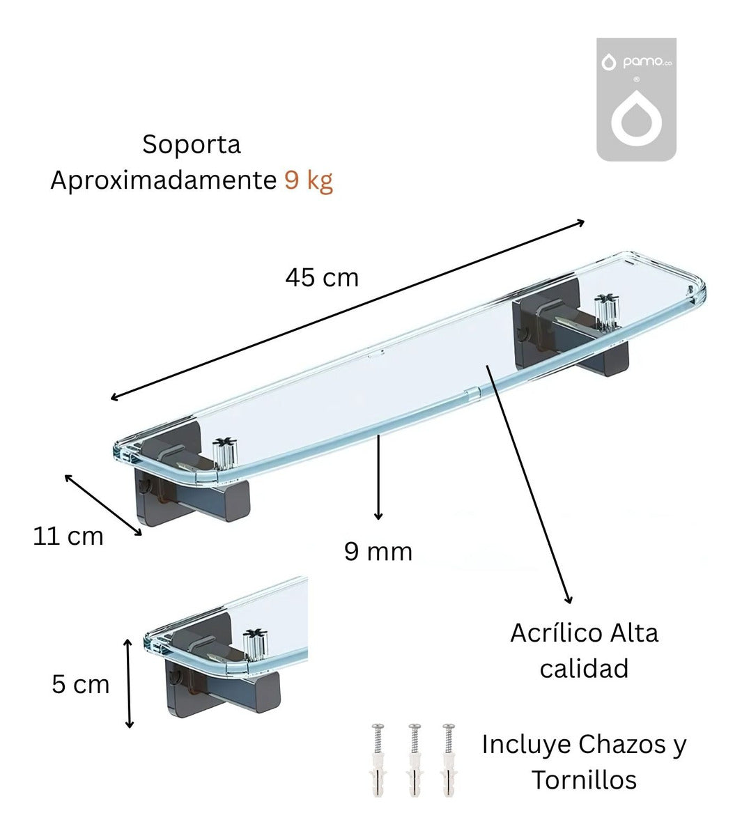 Repisa Acrílica Transparente 45Cm Soportes Cromados Alta Resistencia