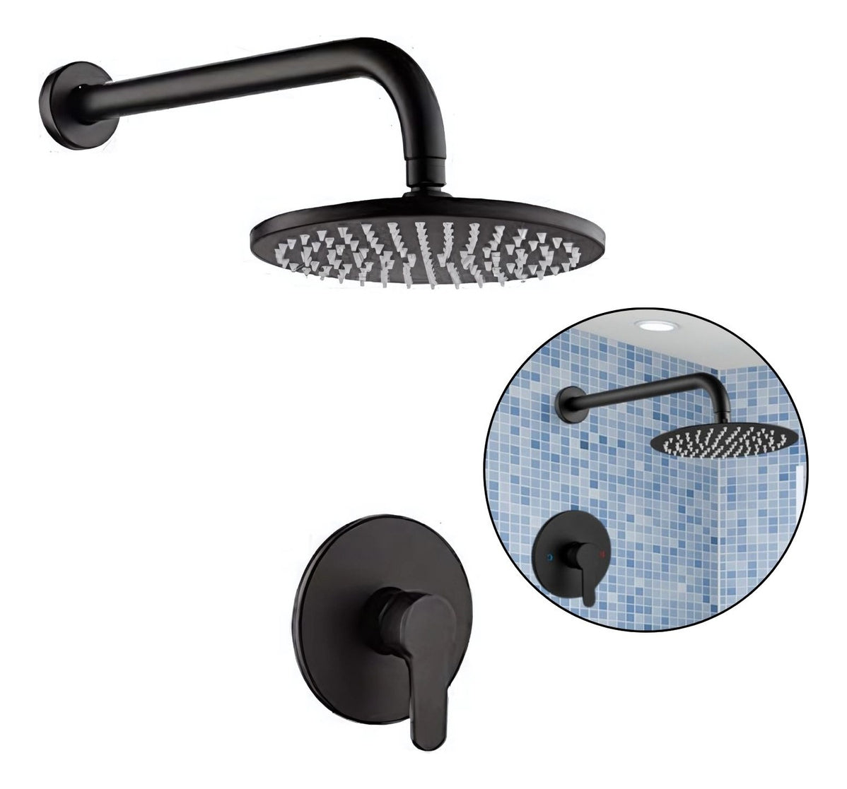 Set Conjunto Ducha Monocontrol Negro Metálico Redonda con Regadera 20 cm y Tubo