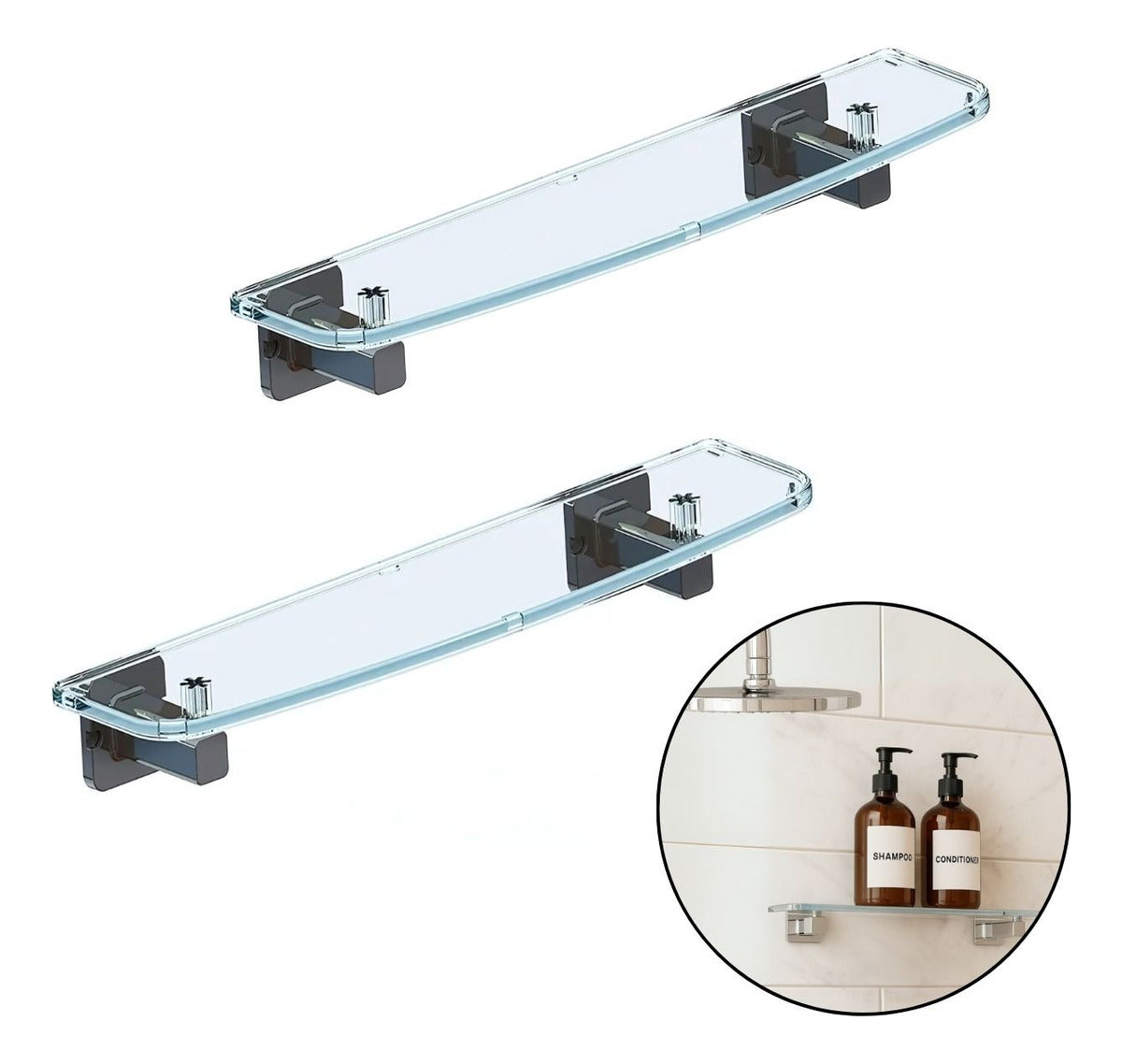 Pack x 2 Repisa Acrílica Transparente 45Cm Soportes Cromados Alta Resistencia