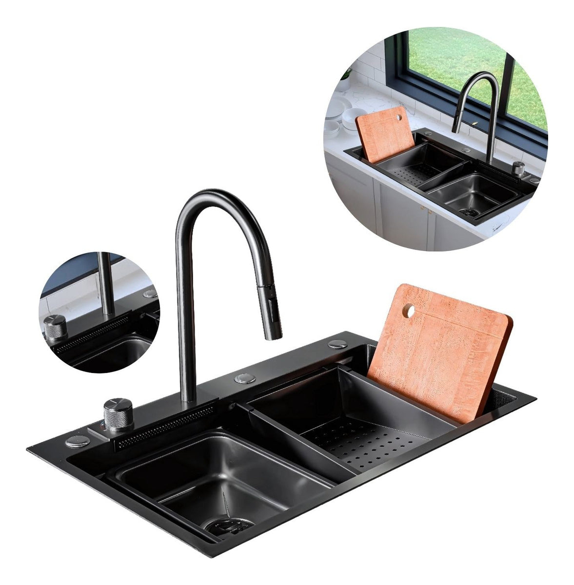 Lavaplatos Inteligente Negro con Grifería y Accesorios - Acero SUS304 - 75x46 cm