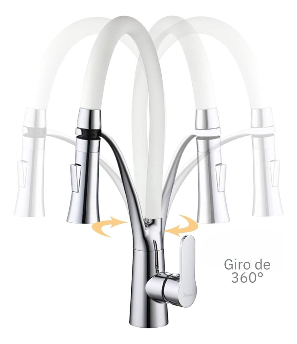 Griferia Monocontrol para Lavaplatos - Cuello Ajustable en Bronce Cromado - Blanco