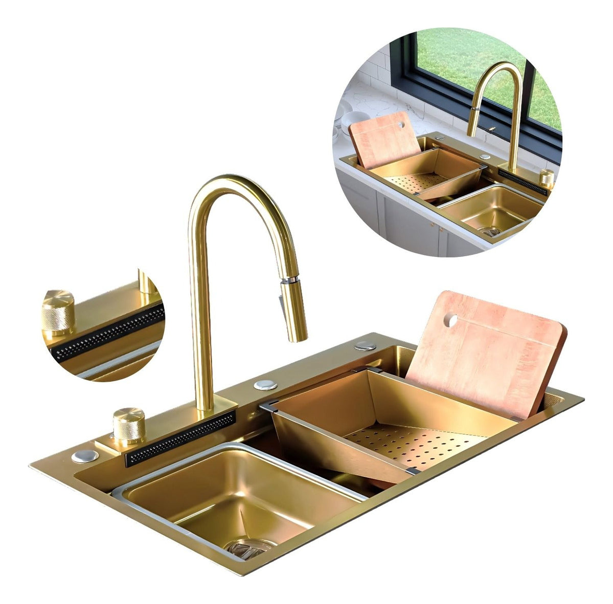 Lavaplatos Oro Golden con Grifería y Accesorios - Acero SUS304 - 75x46 cm