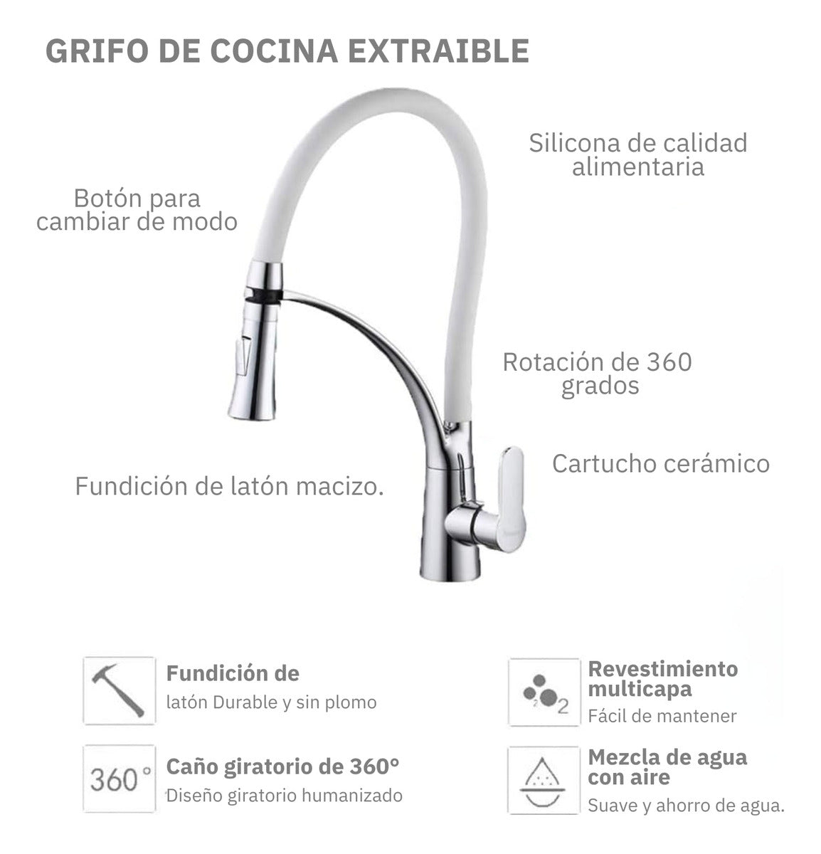 Griferia Monocontrol para Lavaplatos - Cuello Ajustable en Bronce Cromado - Blanco