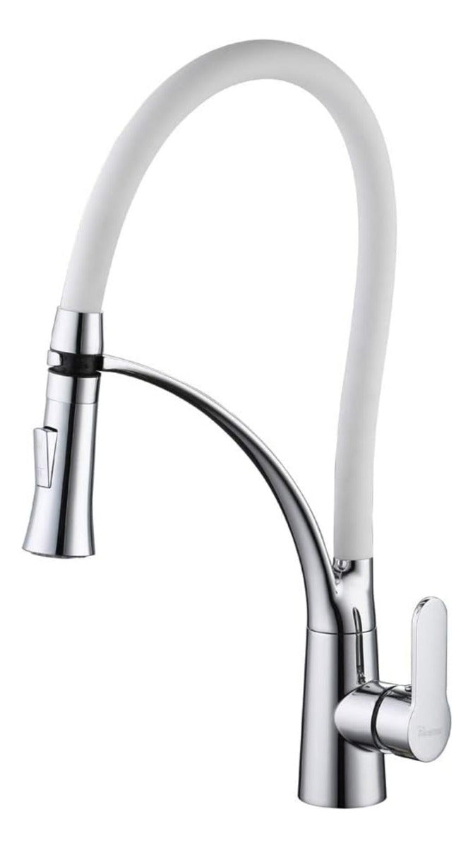 Griferia Monocontrol para Lavaplatos - Cuello Ajustable en Bronce Cromado - Blanco