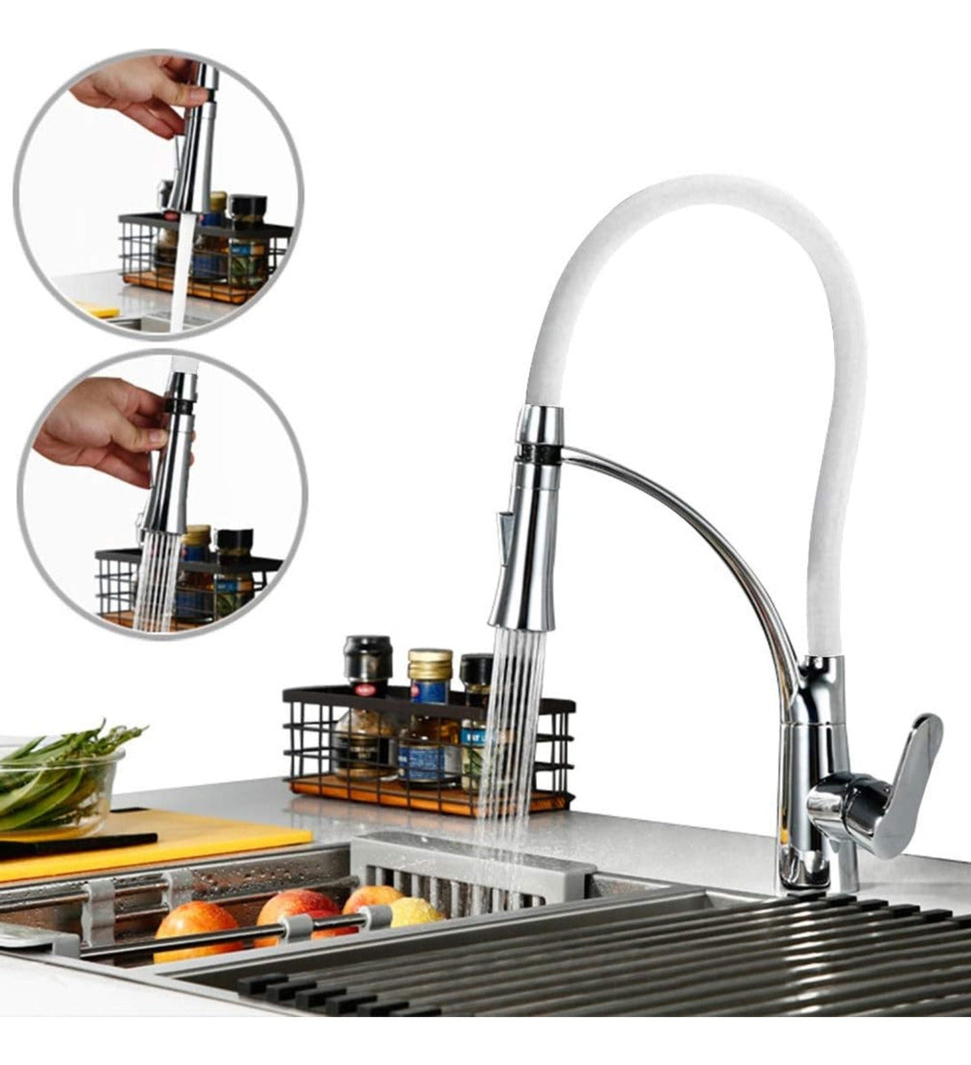 Griferia Monocontrol para Lavaplatos - Cuello Ajustable en Bronce Cromado - Blanco