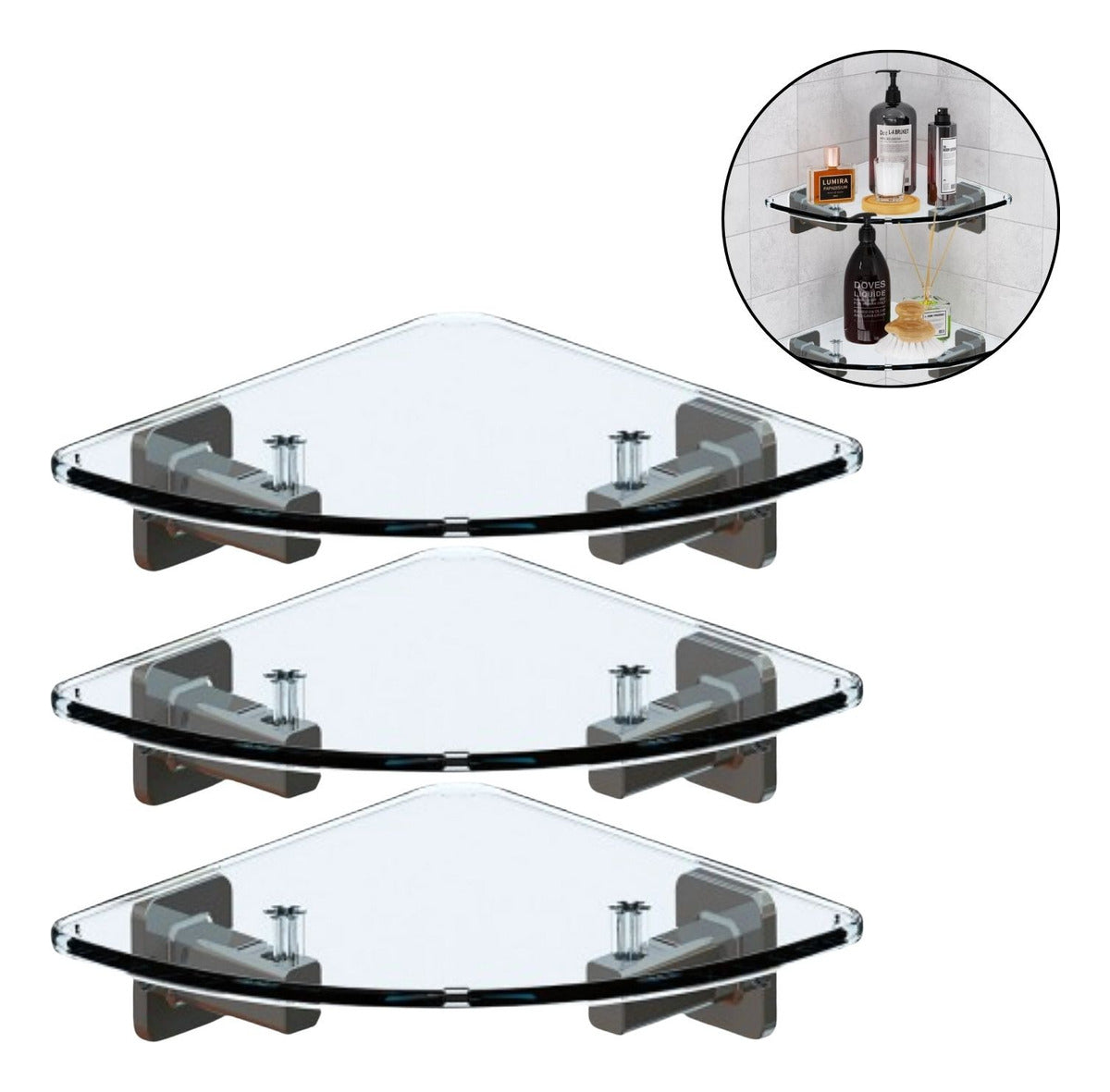 Set x 3 Repisa Esquinera Transparente Multiusos 14.3x47 Cm Alta Resistencia