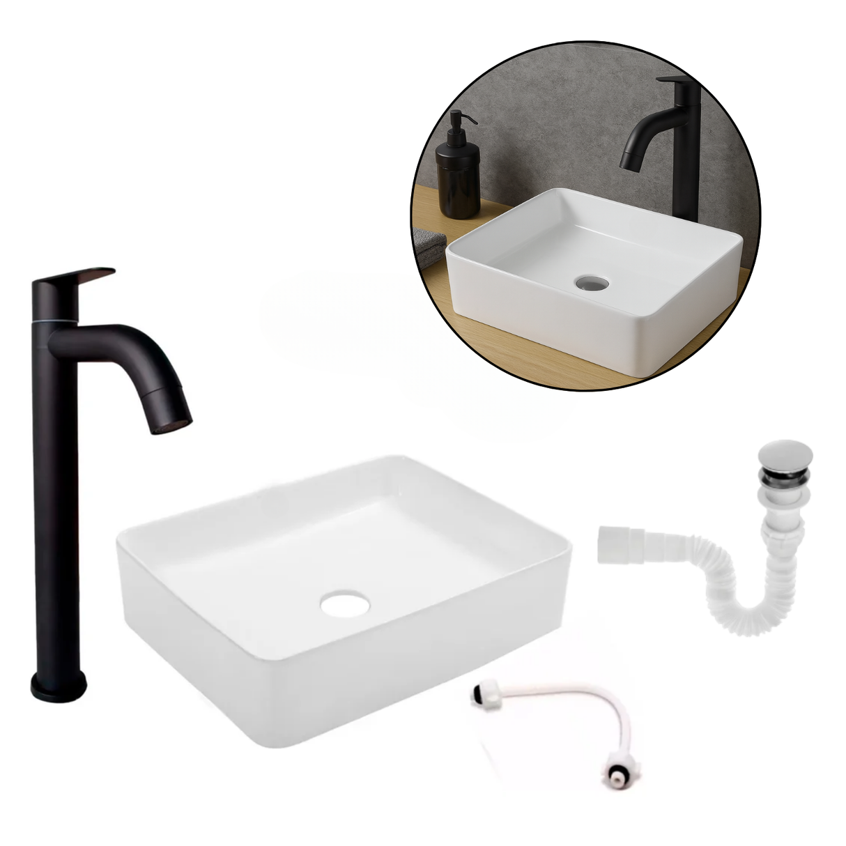 Kit Lavamanos Rectangular+griferia Agua Fria Negro Mate+push