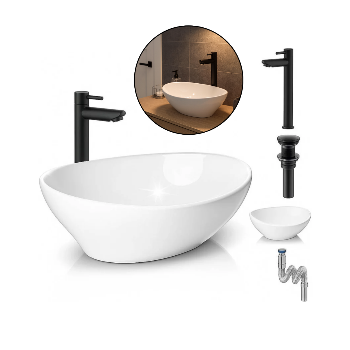 Kit Griferia Color Negro Agua Fría -lavamanos Canoa-desagüe