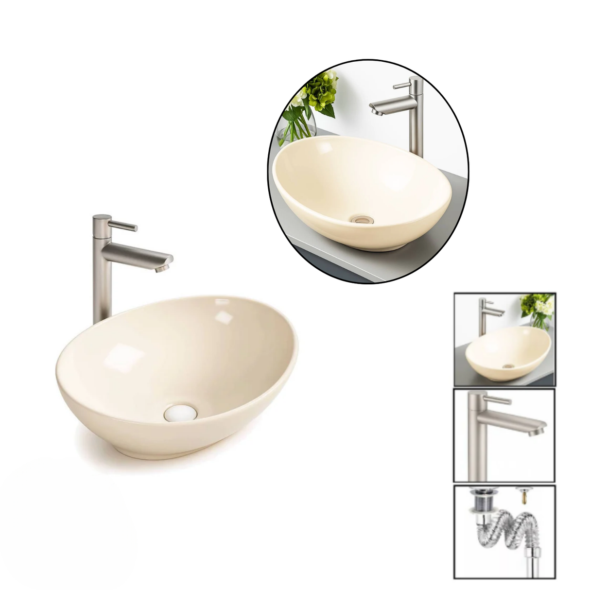 Kit Grifo Agua Fría Acero-lavamanos Canoa Beige Y Desagüe