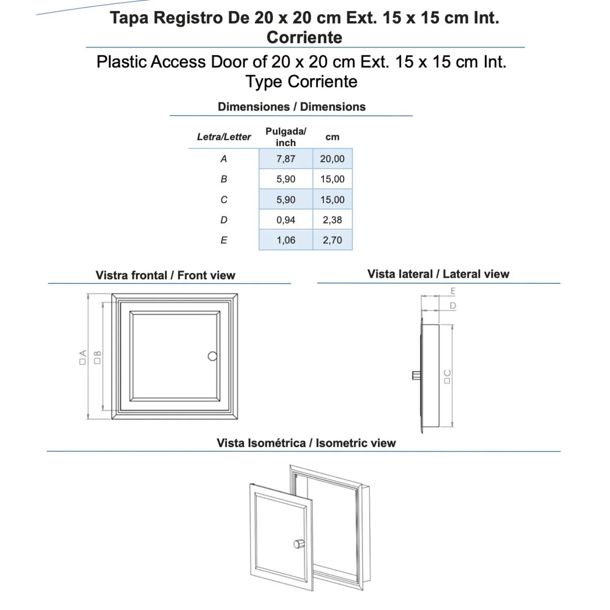 Tapa Registro Corriente 20x20 cm Blanca