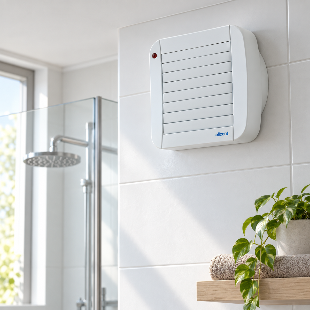 Extractor ECO 100 A instalado en baño, carcasa rectangular con persiana automática