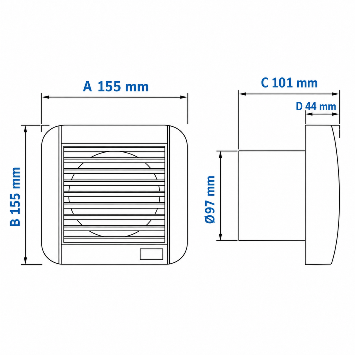 Medidas ECO 100 A: A y B 155 mm, C 101 mm, D 44 mm, diametro 97 mm