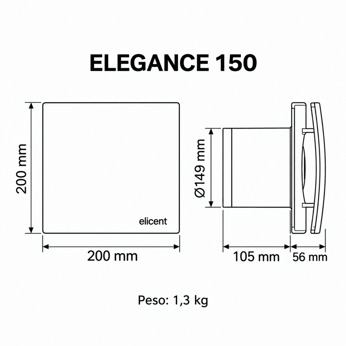 Diagrama de medidas del extractor axial MAICO ELEGANCE 150: frente 200 x 200 mm, conexión Ø149 mm, profundidad 105 mm y D 56 mm