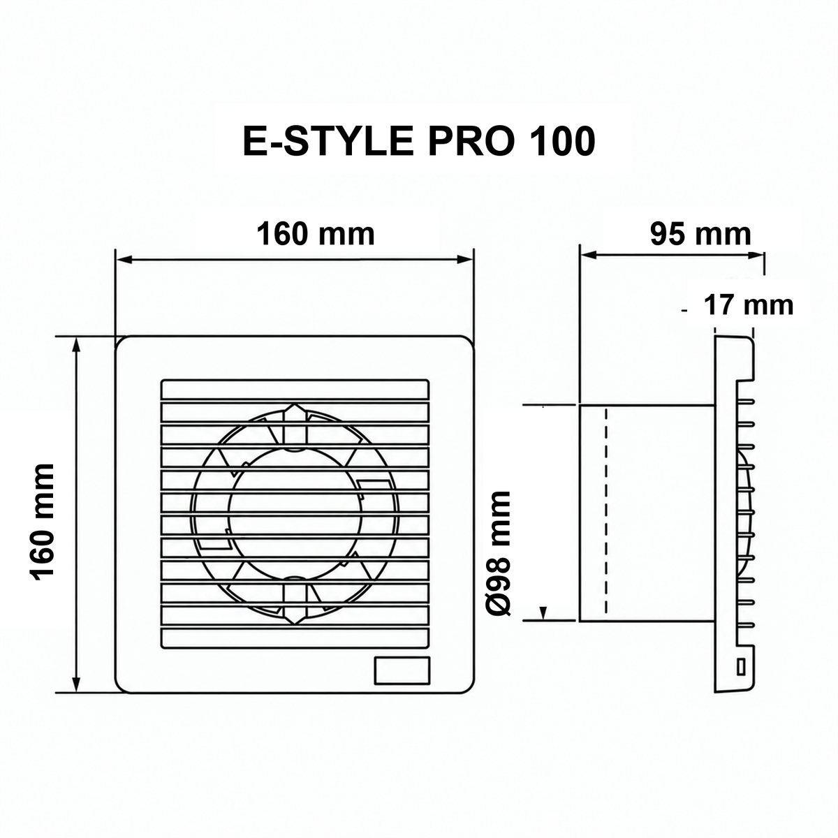 Medidas del extractor E-STYLE PRO 100: 160 x 160 x 95 mm, conexión Ø98 mm
