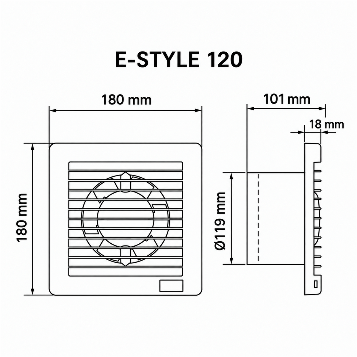 Diagrama de medidas del extractor de aire MAICO E-STYLE 120: 180 x 180 x 101 mm, conexión Ø119 mm
