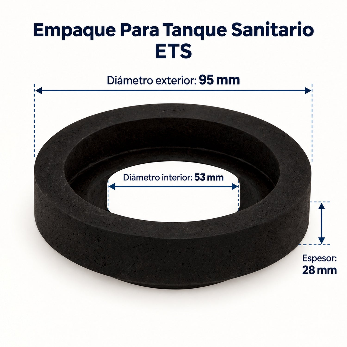 Medidas oficiales del empaque ETS: diámetro exterior 95 mm, interior 53 mm y espesor 28 mm