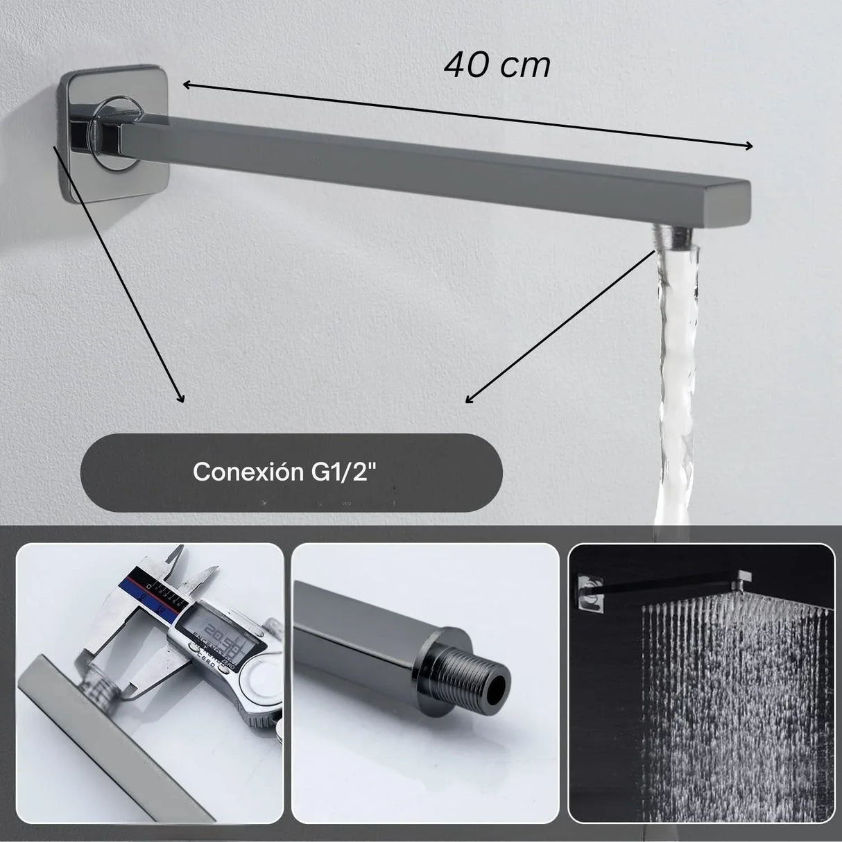 Set Tubo Cuadrado + Regadera Gris Níquel Antihuellas Kassel 25x30 cm