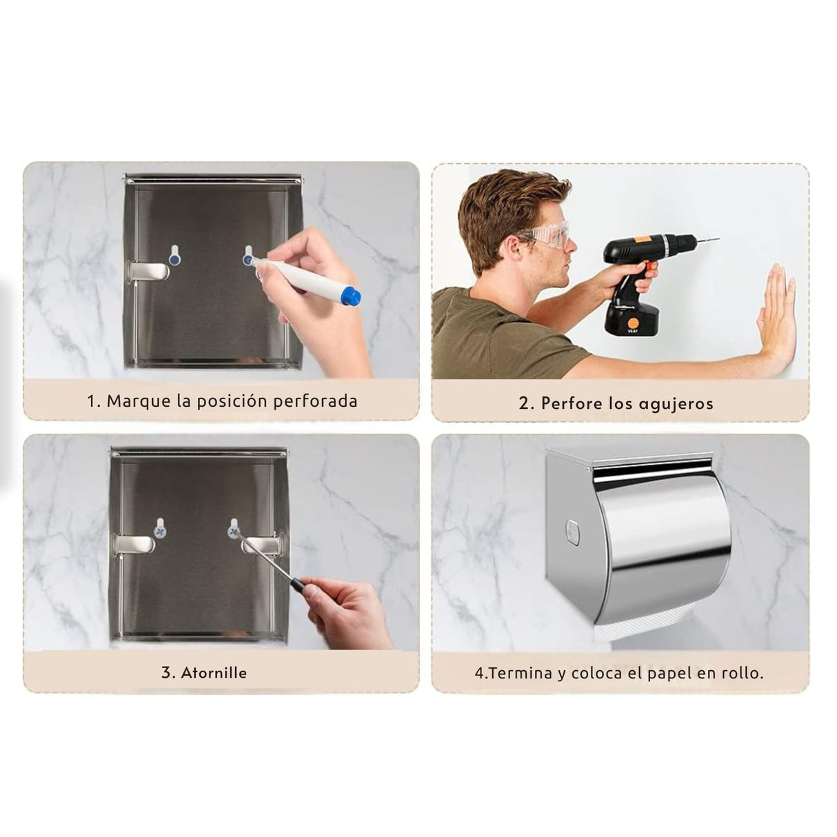 Dispensador Papel Higiénico Acero Plateado Estante Antisalpicaduras