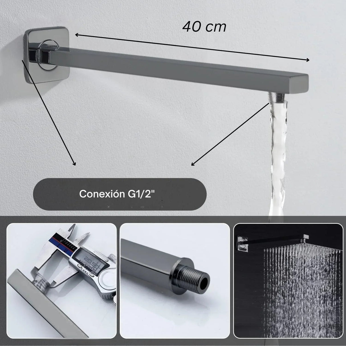 Medidas y conexión G1/2 del brazo para ducha Kassel de 40 cm