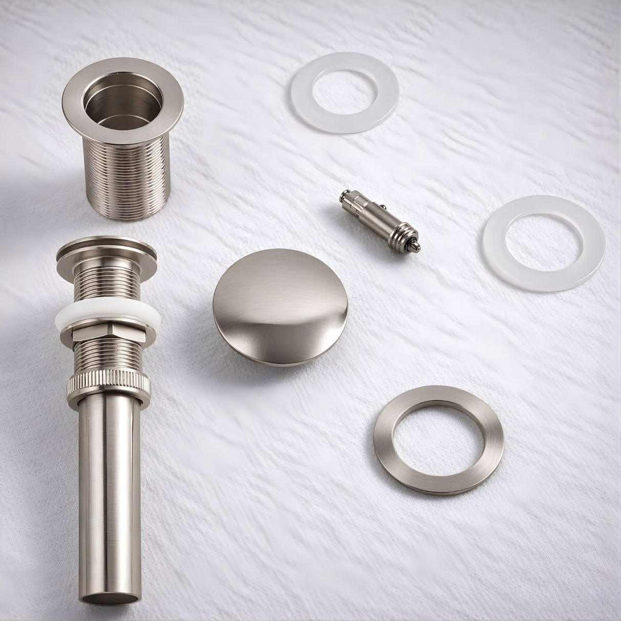 Kit Grifería Lavamanos Alta Milan Satin 30 cm + Desagüe Push Satin 7.8 cm | Set Completo Baño Moderno