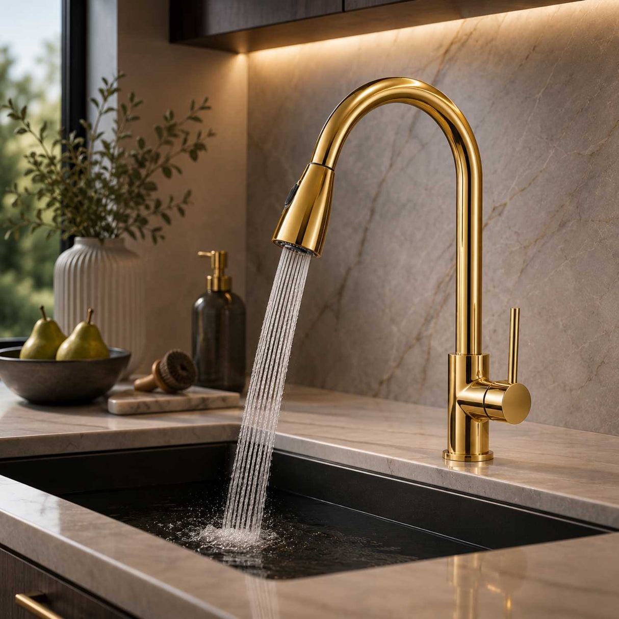 Grifería Lavaplatos Extraíble Oro Brillante Monocontrol | Cocina Moderna Premium