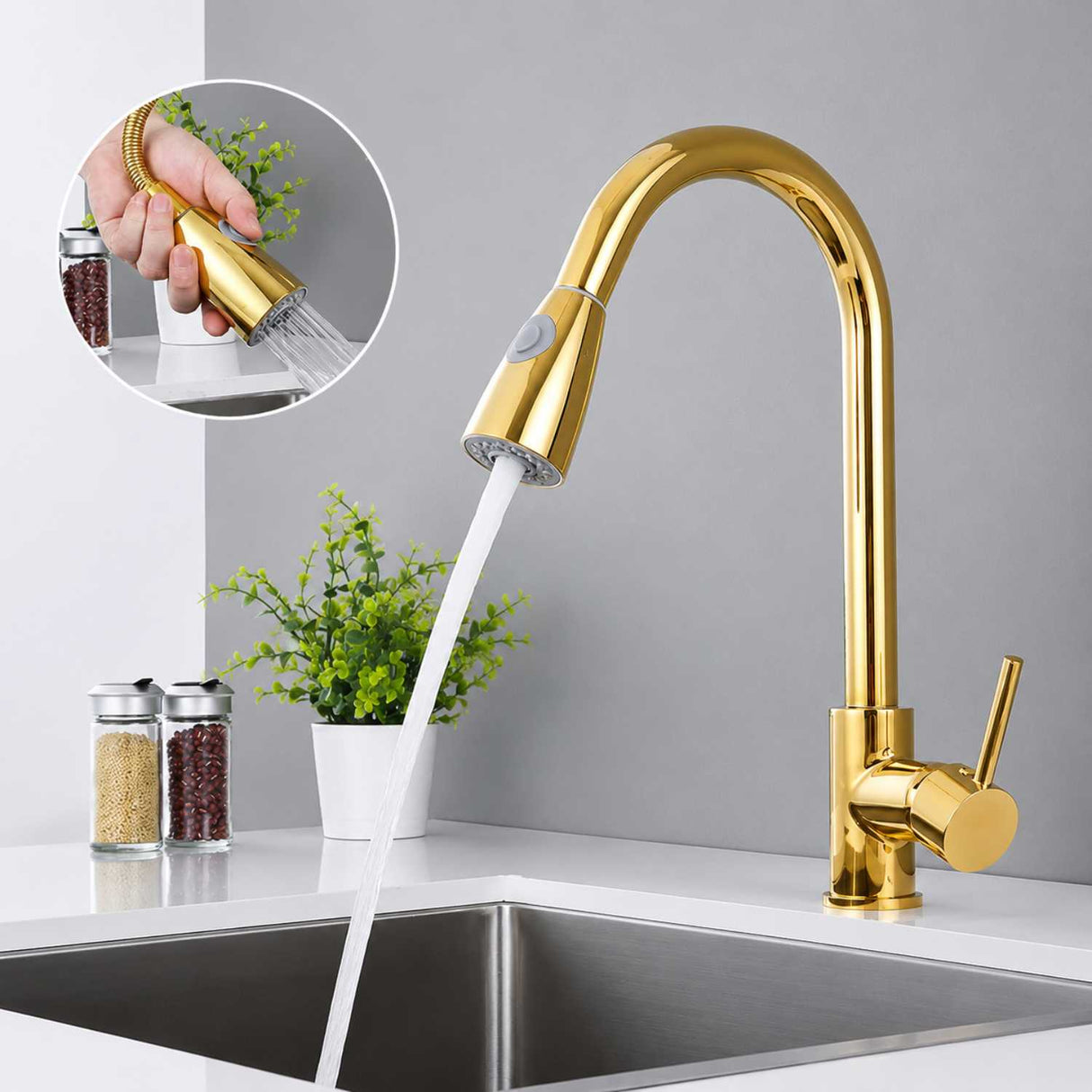 Grifería Lavaplatos Extraíble Oro Brillante Monocontrol | Cocina Moderna Premium