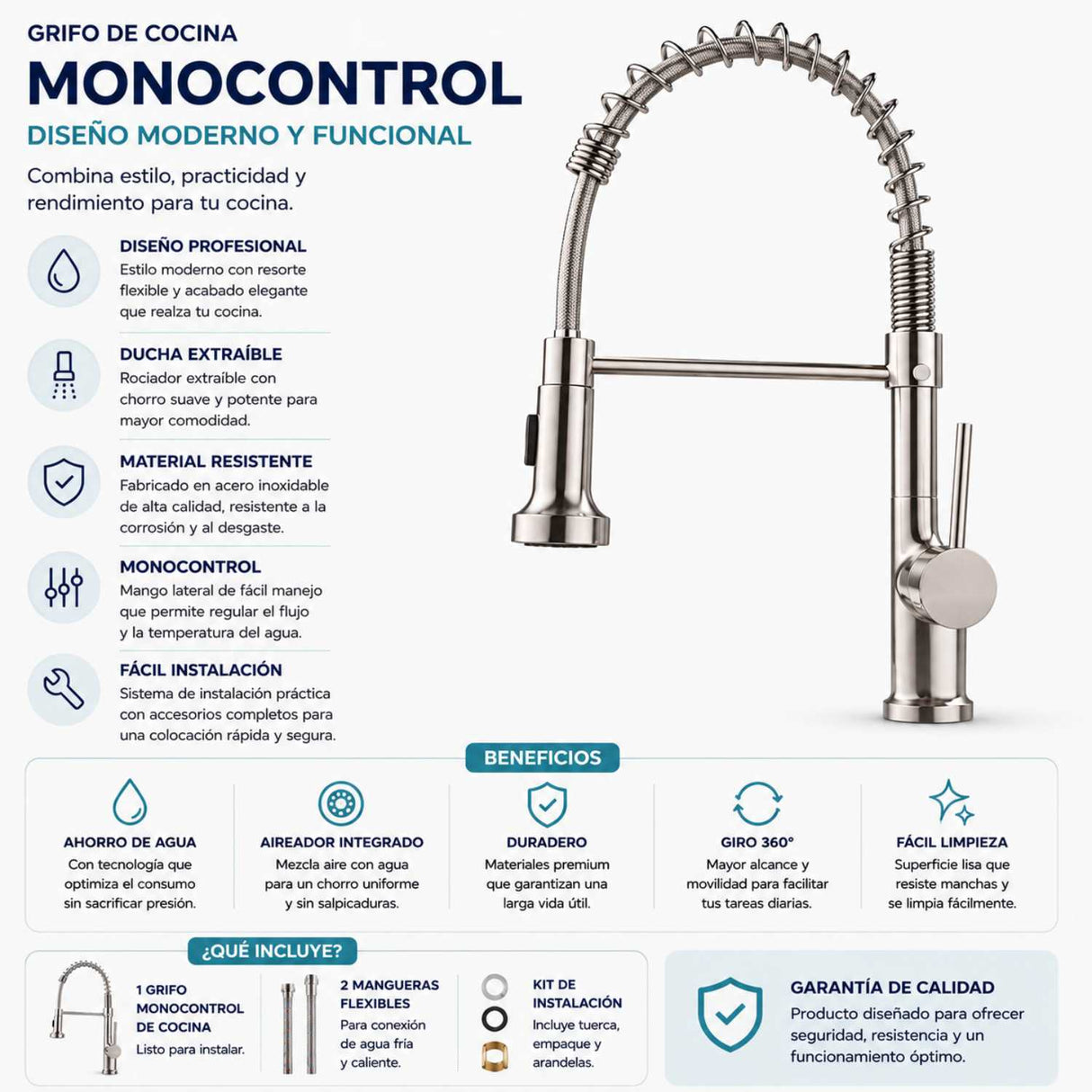 Grifo Cocina Monocontrol Moderno con Pico Extraíble 360° | Acero Inoxidable Pulido
