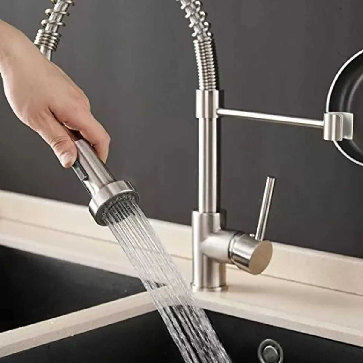 Grifo Cocina Monocontrol Moderno con Pico Extraíble 360° | Acero Inoxidable Pulido