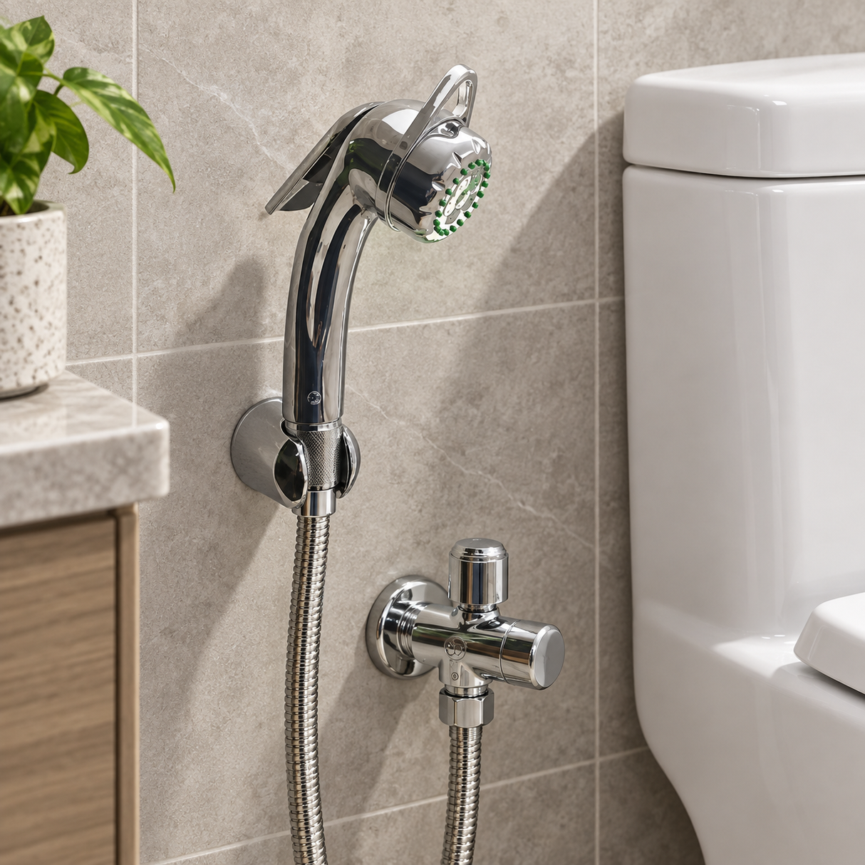 Ducha bidet cromada instalada junto al sanitario
