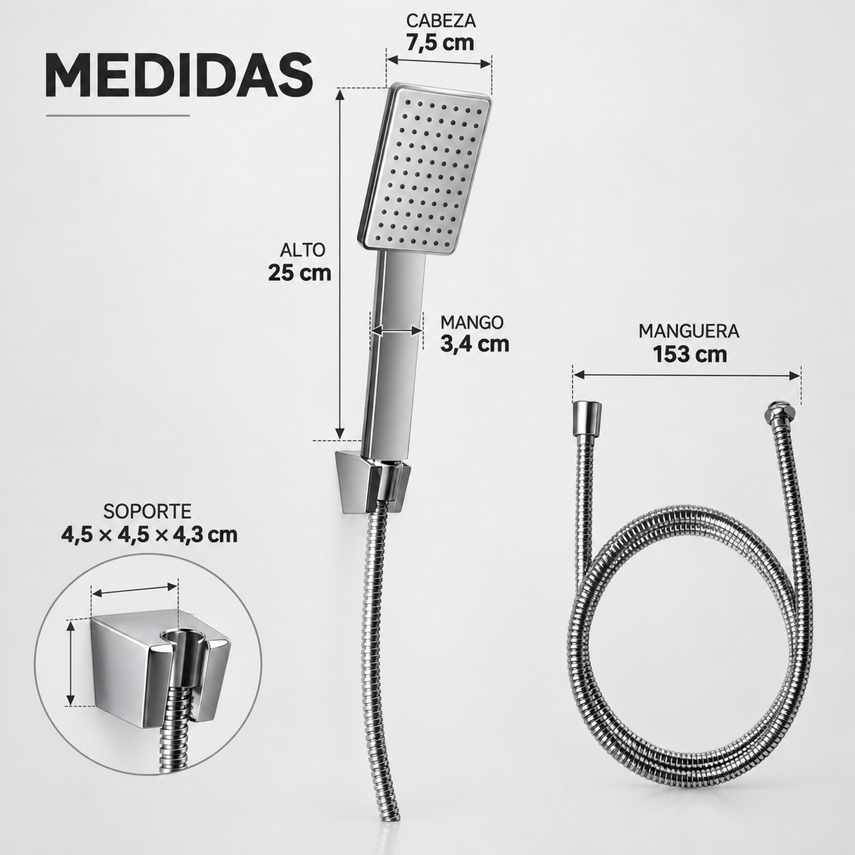 Medidas de teleducha cuadrada: 25 cm de alto, cabeza de 7,5 cm, mango de 3,4 cm y manguera de 153 cm