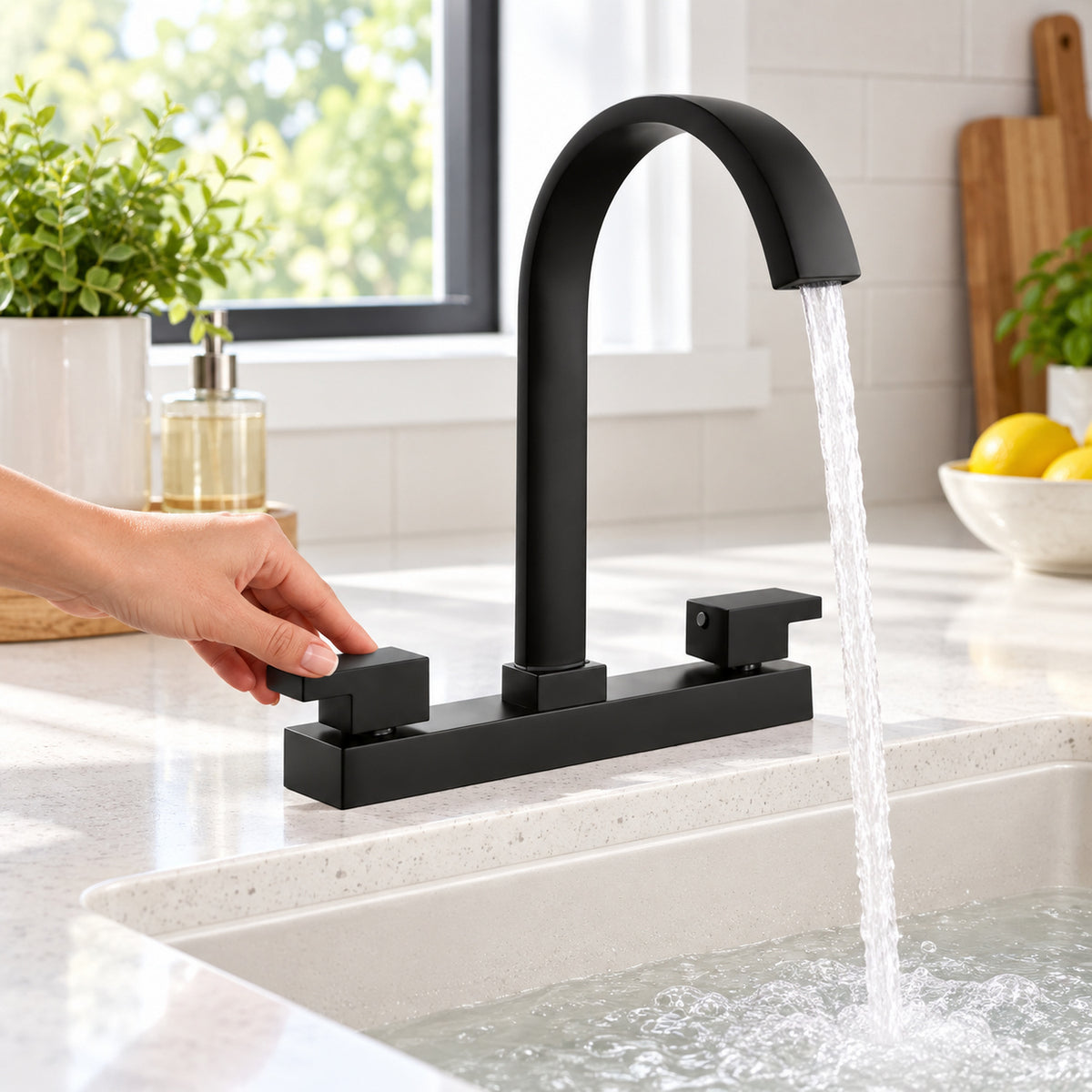 Mezclador negro de 8 pulgadas en uso con agua