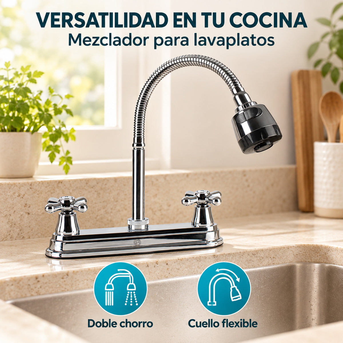 Mezclador De Lavaplatos 8″ De Crucetas Con Cuello Flexible — características