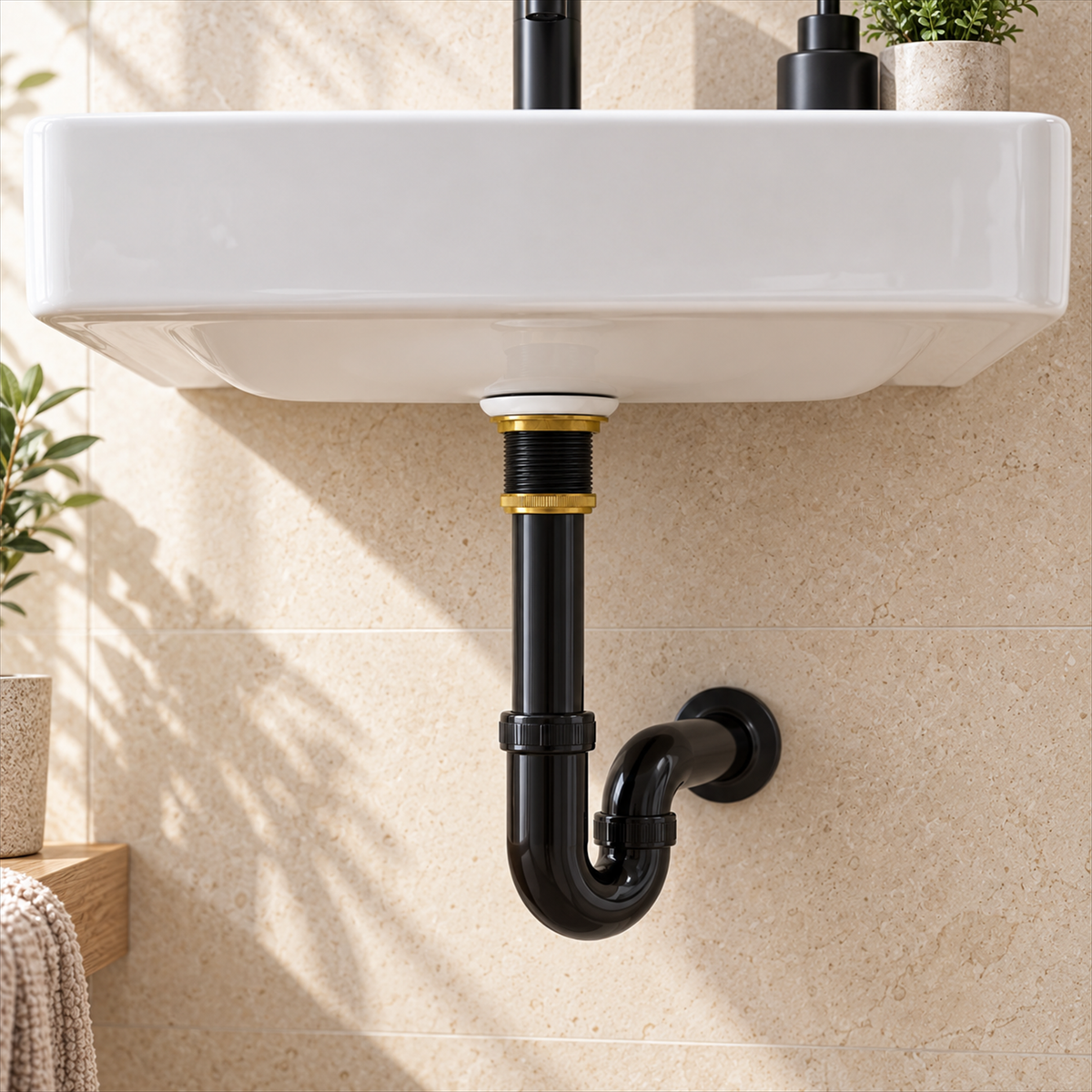 Desagüe push negro brillante instalado bajo lavamanos, conectado al muro; la tapa queda oculta dentro del lavabo