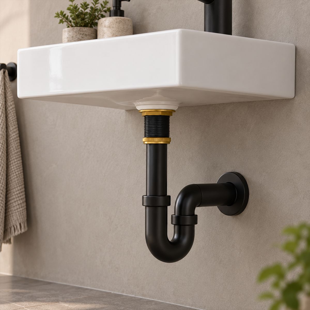 Desagüe push negro mate instalado bajo lavamanos, conectado al muro; la tapa queda oculta dentro del lavabo