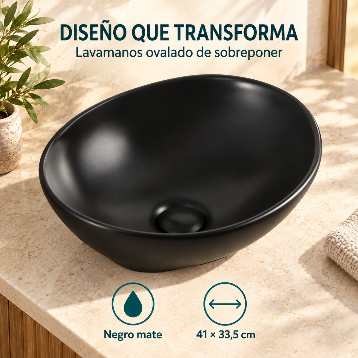 Lavamanos Ovalado Negro Mate 41 × 33,5 cm — características