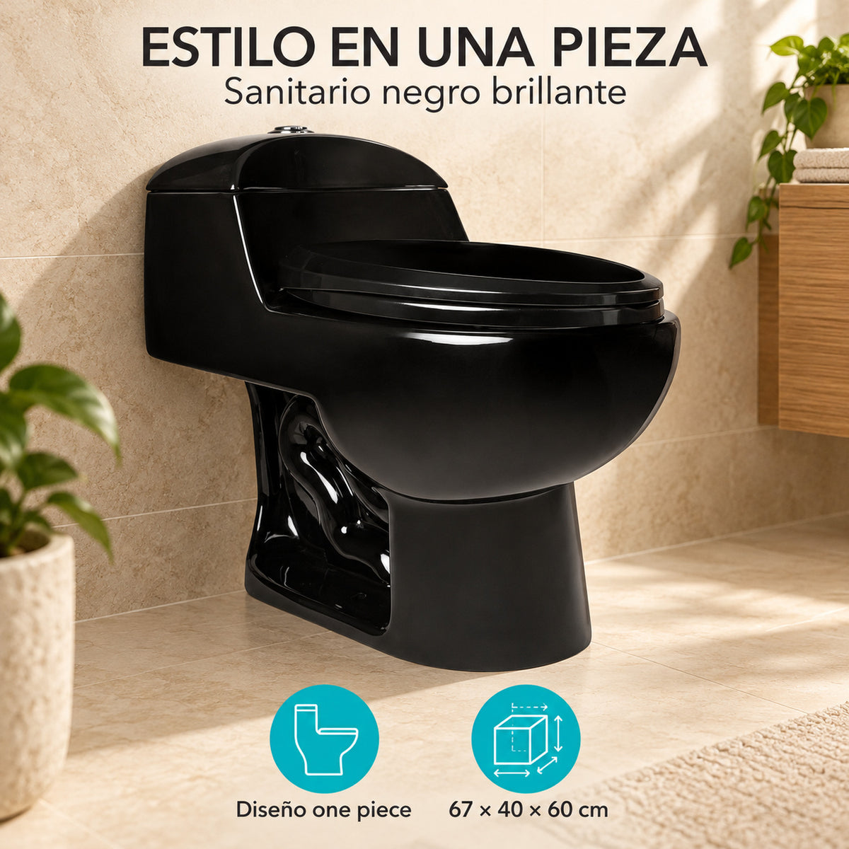 Sanitario One Piece Negro Brillante 67 × 40 × 60 cm — características